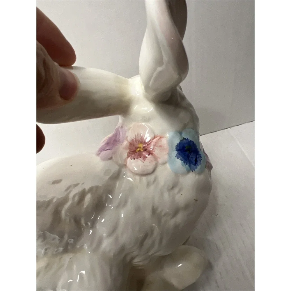 Vintage white ceramic Easter Bunny Figurine With Flowers And Pink Bow